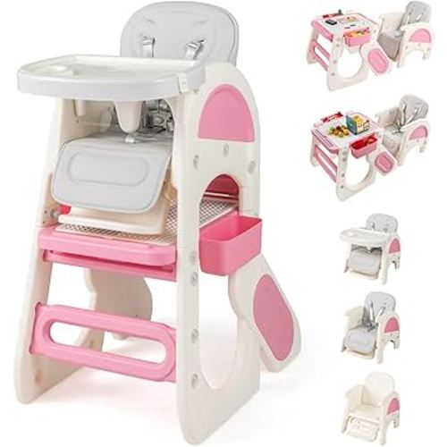 BABY JOY Baby High Chair, 8 in 1 Convertible High Chairs for Babies and Toddlers, Building Block Table and Chair Set, Adjustable Backrest, Removable Double Tray, Storage Boxes, Safety Harness (Pink)