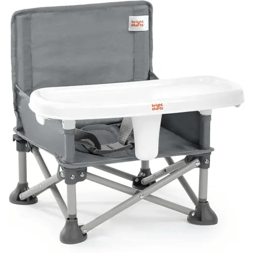 Bright Starts Pop 'N Sit Portable Booster, Indoor/Outdoor Use, Floor Seat with Feeding Tray, Grey, 6 Mos - 3 Yrs