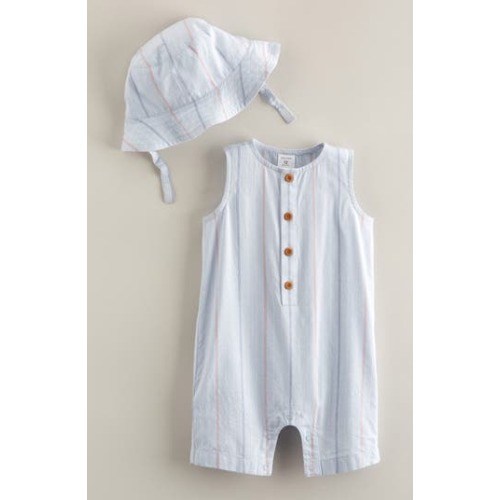 Print Henley Romper & Hat Set, 9M