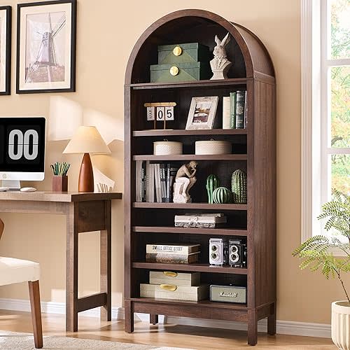 71" Tall Arched Bookshelf, 7 Tiers Arch Bookcase with Storage, Modern Farmhouse Book Shelf with Adjustable Shelves, Wood Bookshelf w/Open Display Shelves for Living Room, Office (Brown)