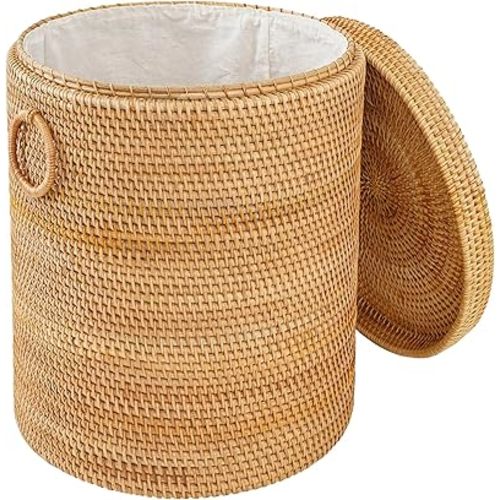 15.7"×13.8"×13.8" Rattan Laundry Basket With Handle, Rattan Laundry Hamper With Liner Bag, Round Wicker Large Hampers For Organizing Clothes Kids Toys Books