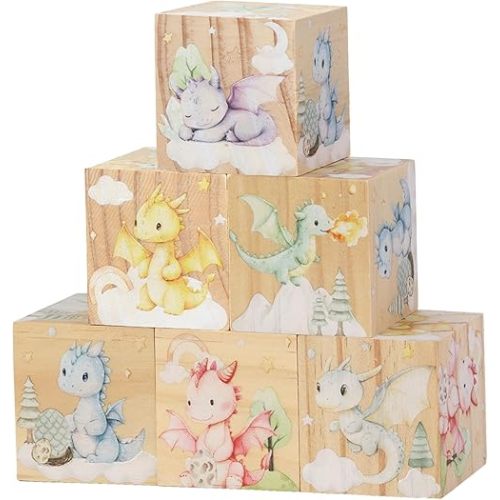 6 Pcs Nursery Decor Blocks, Wooden Nursery Decor for Girls and Boys, Wooden Shelf Decor Bedroom Playroom Decor for Kids Birthday Baby Shower Table Decorations Gifts (Baby Dragon)