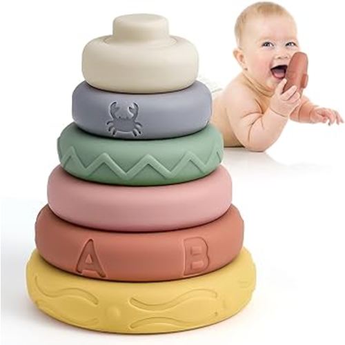 Mini Tudou 6 Pcs Stacking & Nesting Circle Toy,Soft Building Rings Stacker & Teethers,Squeeze Play with Early Educational Learning Stacking Tower, Toy for 6+ Months Boys&Girls