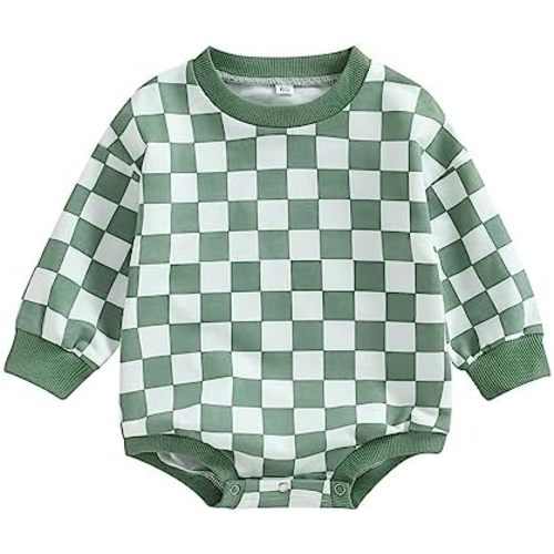 Karuedoo Baby Boy Girl Checkered Sweatshirt Romper Oversized Long Sleeve Bubble Romper Top Neutral Baby Fall Clothes