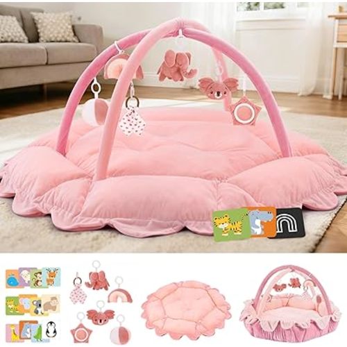 5-in-1 Baby Activity Gym & Play Mat with 6 Hanging Toys, Tummy Time Mat & Cards - Extra Large, Reversible Machine Washable Pad - Gift for Newborns, Infants 0-12 Months, Light Pink