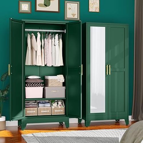71" Metal Armoire Wardrobe Closet, Steel Clothing Storage Cabinet with Mirror and Adjustable Shelves, Household Steel Wardrobes Storage Cabinet with Adjustable Standing Feet and Hanging Rod(Green)