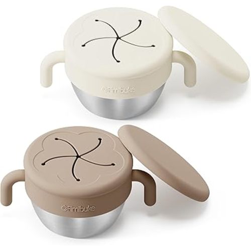 Fimibuke Snack Containers for Toddlers Kids, 12 OZ Spill Proof Stainless Steel Baby Snack Cups with Removable Silicone Food Catcher, Handles & Travel Lid BPA-Free Dishwasher Safe Food Container 2 Pack