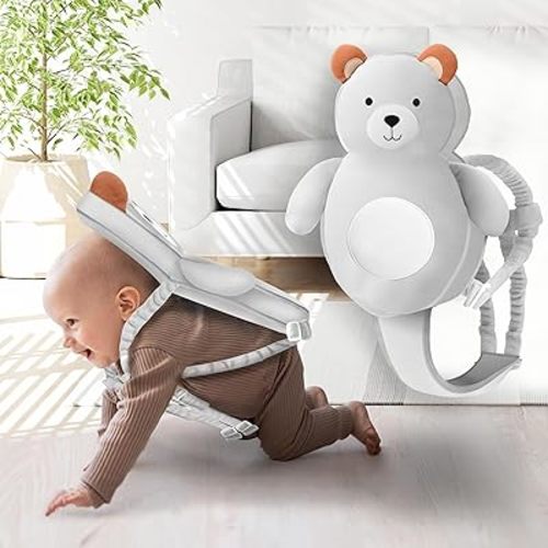 Baby Head Protector Backpack, 100% Cotton Non-Toxic Hypoallergenic Baby Backpack Head Protection, Full Head Coverage, Baby Head Protection for Falling, Secure, Durable, Bear (Grey)