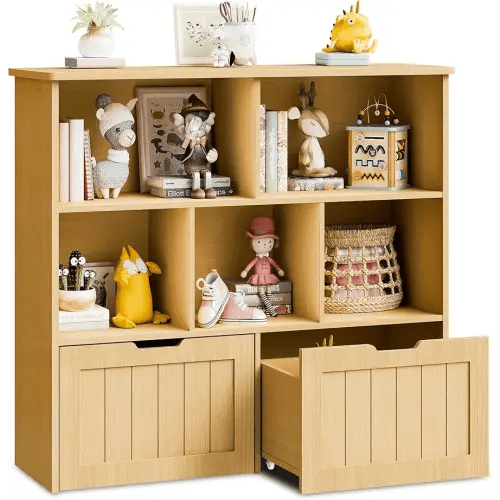 Toy Storage Organizer, Kids Bookshelf and Toy Storage with 2 Movable Drawers, Toy Chest Shelf Organizer with Hidden Wheels and 5 Storage Cubbies, Multifunctional Toy Organizer for Playroom, Oak