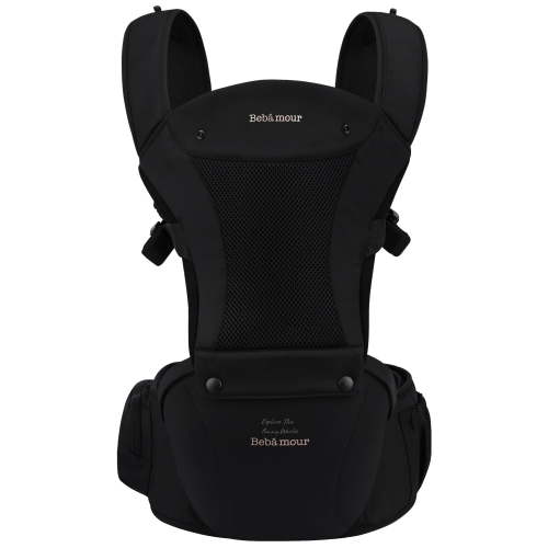Bebamour Baby Carrier Newborn to Toddler-Baby Hip Carrier Front and Back Carry with Head Hood & 3 Pieces Teething Pads& Waist Extenders & Storage Bag (Black)