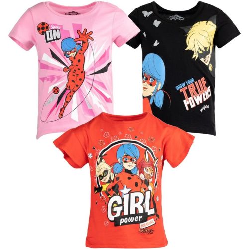 Miraculous Ladybug Cat Noir Rena Rouge Little Girls 3 Pack Graphic T-Shirts Black / Pink / Red 4-5