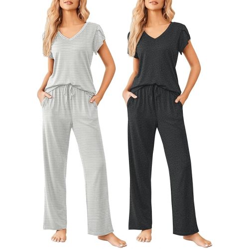 Ekouaer 2 Pack Womens Pajamas Short Sleeve Sleepwear Top with Pants Super-Soft Printed Lounge Sets S-XXL