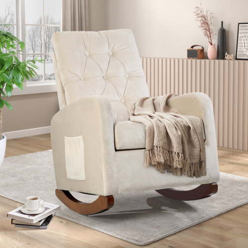 40.6" Nursery Rocking Chair, Modern Upholstered Glider Chairs with Solid Wood Base, High Backrest, Side Pocket, Comfy Nursery Glider Nursing Armchair for Living Room, Bedroom, Beige