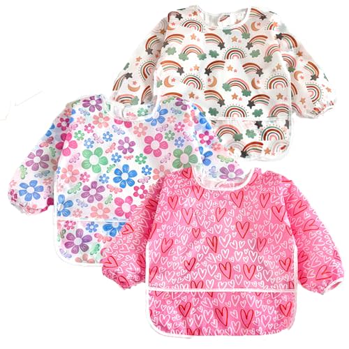 PandaEar 3 Pack Long Sleeve Baby Bibs, Waterproof Full Sleeve Bib for Toddlers, Adjustable Fit for Ages 6-36 Months