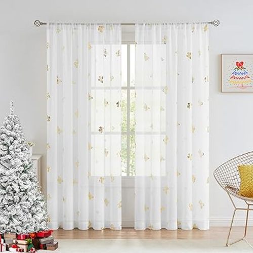Jubilantex Butterfly White Sheer Curtain Panels for Kids Nursery Girl, Gold Print Toddler Linen Textured Voile Rustic Rod Pocket Drapes 84 Inch for Farmhouse, Living Room, Bedroom, 2 Panels