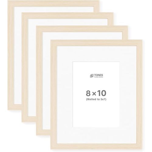 8x10 Picture Frame Set of 4 - Beige Finish with Natural Woodgrain Texture Frames, Shatterproof Plexiglass, 5 by 7 Mat or 8by10 inches Open Display, Easy Hanging Wall Decor