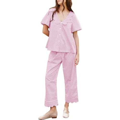 Kissonic Womens Gingham Pajama Set 2 Piece Ruffle Plaid Babydoll Pjs Cotton Button Down Fall Cute Sleepwear Lounge Set