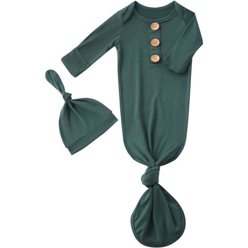 Newborn Baby Boys Girls Knotted Gown Hat Set Soft Bamboo Viscose Infant Sleeper Baby Sleep Gown with Mittens - Deep Green