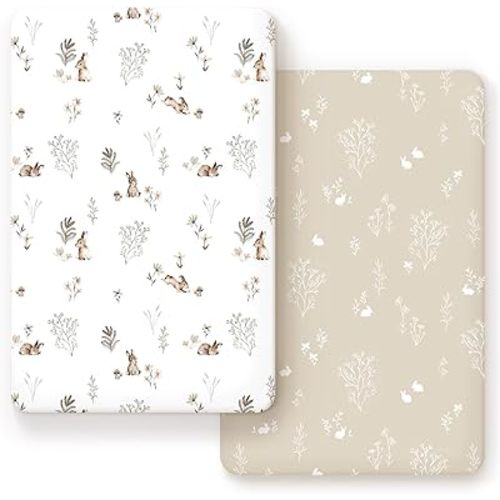GRSSDER Stretch Ultra Soft Jersey Knit Fitted Pack n Play Sheets Set 2 Pack, Portable/Mini Crib Sheets for Boys and Girls, Stylish Watercolor Rabbit Pattern