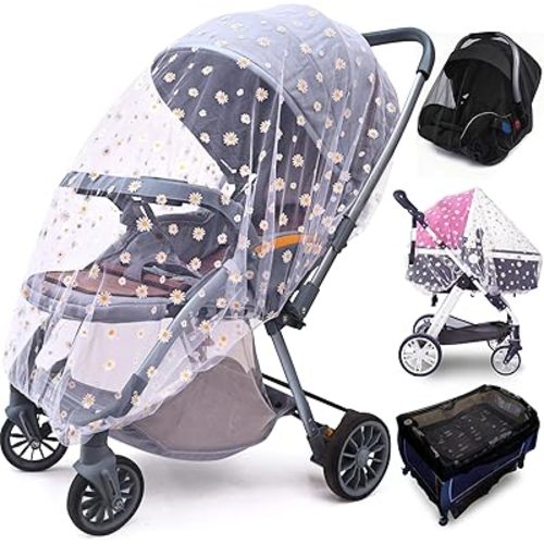 Baby Stroller Mosquito Net (2 Pack) - Durable Mesh Protection for Bassinets, Cradles, Playards, Pack N Plays & Portable Mini Cribs | Breathable Universal Fit Insect Barrier (Black + Daisy)