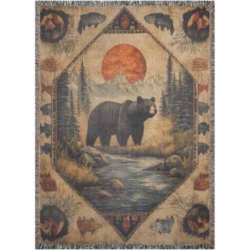Black Bear Tapestry Style Woven Blanket