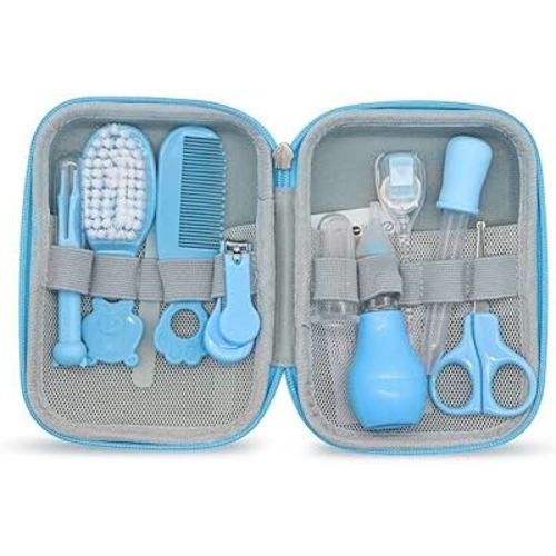 Baby Grooming Kit, Portable Baby Safety Care Set with Hair Brush Comb Nail Clipper Nasal Aspirator etc for Nursery Newborn Toddlers Infant Girl Boys Keep Clean (11 in 1 Blue)