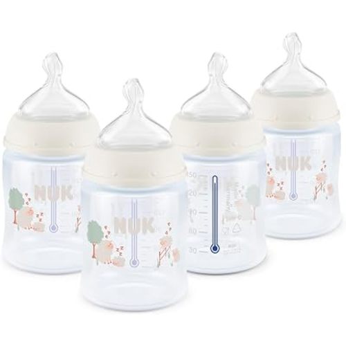 NUK First Choice Smooth Flow Anti-Colic Bottle, Peach, 10 oz. Baby Bottle with SafeTemp Temperature Indicator, Newborn Essentials, 4-Pack