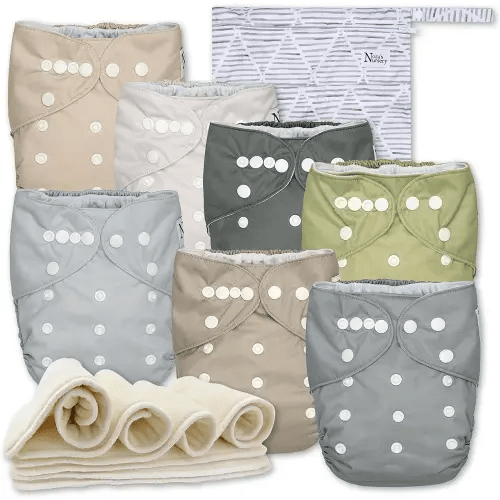 Nora's Nursery Cloth Diapers 7 Pack with 7 Inserts & 1 Wet Bag - Waterproof Cover, Washable, Reusable & One Size Adjustable Pocket Diapers for Newborns and Toddlers - Sand and Stone