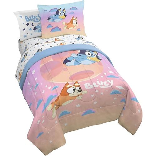 Jay Franco Bluey & Bingo Full Comforter Set - 7 Piece Bed Set Includes Sheet Set & Pillow Covers - Super Soft Clouds & Stars Kids Bedding