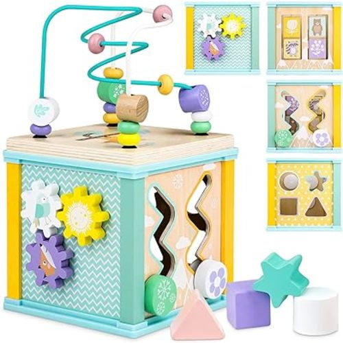 Wooden Activity Cube Montessori Toys for 1 2 3 Year Old Baby Toys 12 Months Toddlers 1-3 Birthday Gift Boys Girls Sensory Interactive Learning Toys
