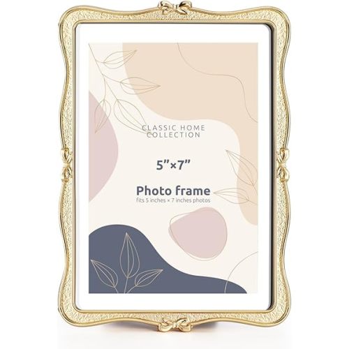 Metal Bow Picture Frame 5x7 Photo Frames with High Definition Glass Front Gift Ideas Tabletop Home Decorative,Gold