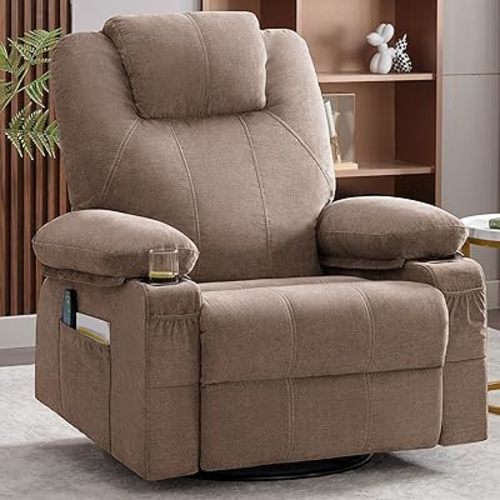 Oversized Swivel Rocker Recliner Chair with Heat and Massage, 360 Degree Swivel Rocking Single Sofa with Cup Holders and USB Port, Big Large Recliner Chair for Living Room (Fabric, Brown)