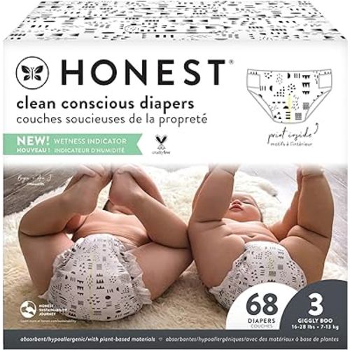 The Honest Company Clean Conscious Diapers | Plant-Based, Sustainable | Pattern Play | Club Box, Size 3 (16-28 lbs), 68 Count