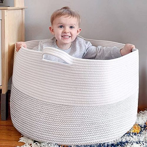 Goodpick Large Basket 23.6"D x 14.2"H Jumbo Woven Basket Cotton Rope Basket Baby Laundry Basket Hamper with Handles for Comforter, Cushions, Quilt, Toy Bins, Brown Stitch - White