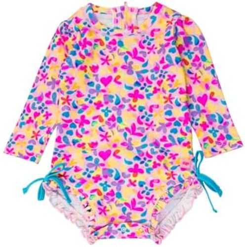 RuffleButts Baby Girls UPF 50+ Sun Protection Novelty Print Long Sleeve One Piece Rash Guard Swimsuit with Zipper