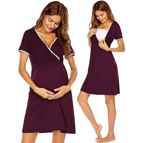 Ekouaer Nursing Nightgown Delivery and Labor Gown for Hospital Short Sleeve Maternity Breastfeeding Dress