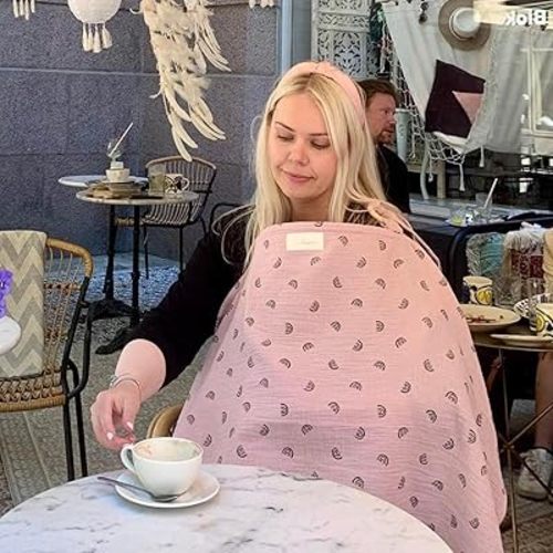 Nursing Cover for Baby Breastfeeding & Pumping | Multi Use Car Seat Stroller Cover | Breathable Soft Muslin Cotton | Breast Feeding Apron & Shawl by TISU (Dusty Pink Rainbow)