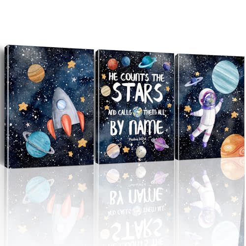 Yuzi-n Space Decor for Boys Room, Outer Space Wall Art Decor for Boys Bedroom Nursery Playroom Toddler, Christian Posters Set of 3 (12x15 Inches)