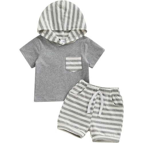 BemeyourBBs Toddler Baby Boy Summer Outfit Hooded Top with Pocket and Elastic Waist Shorts Set Infant Boy Clothes