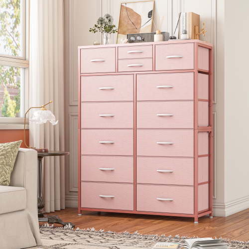 EnHomee Tall Drawer Dresser for Bedroom Pink Dresser with 14 Drawers Bedroom Furniture Dresser Fabric Dresser Slim Chest of Drawers Storage Tower Dresser, Pink