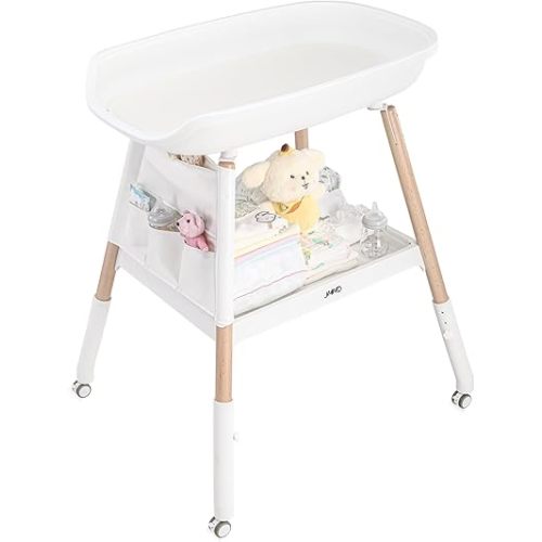 JMMD Baby Changing Table, Changing Station for Nursery, Adjustable Height Diaper Station with Waterproof Changing Pad and Storage for Baby 0-5 Months, White