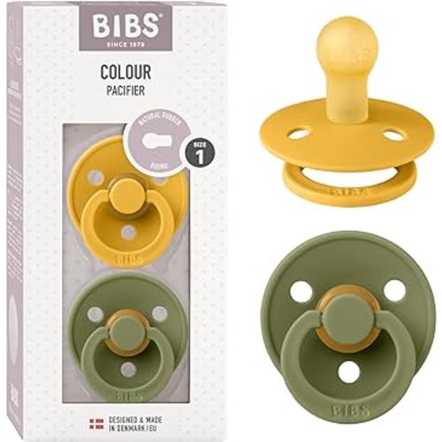 BIBS Pacifiers Colour Collection | Natural Rubber Baby Pacifier | Set of 2 BPA-Free Soothers | Made in Denmark | 0+ Months (Pack of 2) | Honey Bee/Olive