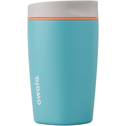 Owala SmoothSip Slider Insulated Stainless Steel Coffee Tumbler, Reusable Iced Coffee Cup, Hot Coffee Travel Mug, BPA Free 12 oz, Grey/Blue (Beachy Breeze)