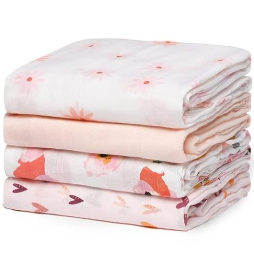 Momcozy Muslin Swaddle Blankets, 4-Pack Breathable and Skin-Friendly Receiving Blankets, Swaddle Blanket Shower Gifts & Baby Girl Newborn Essentials, Large 47"x47", Blooming Hearts