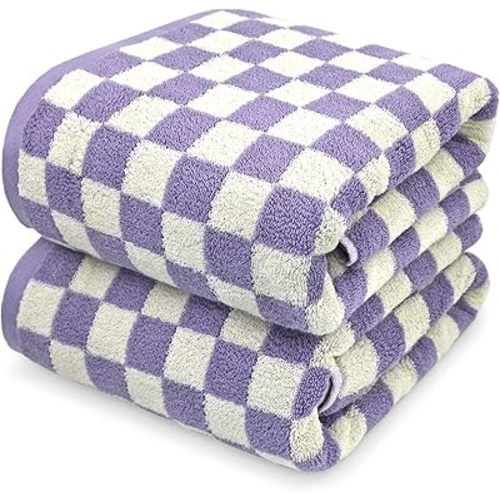 Jacquotha Shower Towels for Bathroom 27.5x55 Inches - Quick Dry Bath Towels Soft & Lightweight (2Pack), Cute Checkered Towel Sets Lilac, 520 GSM Absorbent Cotton