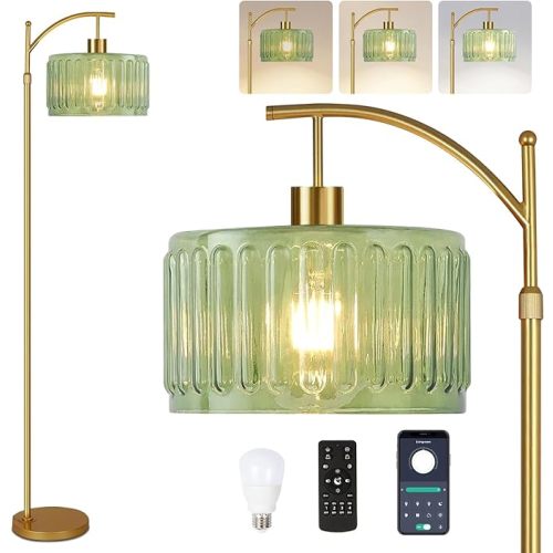 Glass Floor Lamp for Living Room,Bedroom,Gold Mid Century Modern Standing Lamp with Remote,Dimmable Brass Tall Lamp Vintage Retro Green Arc Flower Floor Light Boho Bohemian
