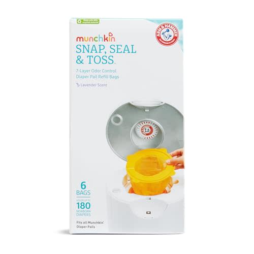 Munchkin® Arm & Hammer Diaper Pail Snap, Seal & Toss™ Refill Bags, Holds up to 180 Newborn Diapers, 6 Pack