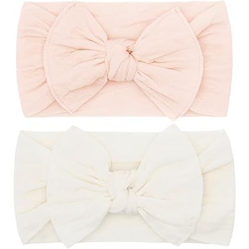 Baby Bling Bows - Newborn to Little Baby Girl Bows, 2 Pack Nylon Super Soft Stretchy Knot Toddler Headbands, Perfect Hair Accessories Head Bands for Infant Kids(Petal & Ivory)