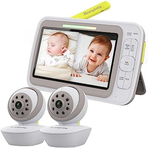 Moonybaby 5" HD A.N.R. (Auto Noise Reduce) Baby Monitor with 2 Cameras, Model: Split 60, No WiFi, Pan Tilt Zoom, Quad Split Screen, Long Range, 20 Day Battery Life in ECO Mode, 2-Way Talk, Lullabies