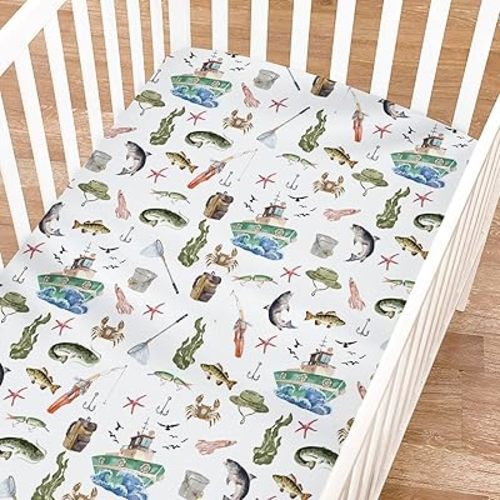 Watercolor Ocean Boat Fishing Baby Crib Sheet for Boy Girl 52"x28" Fishing Lovers Gift Soft Crib Mattress Cover Sea Marine Fishing Breathable Nursery Bed Sheets for Standard Crib Toddler Mattress